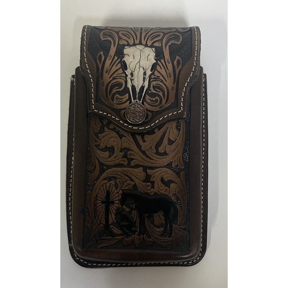Western Cowhide Leather Western Belt Phone Holder Horse Cowboy And Cross